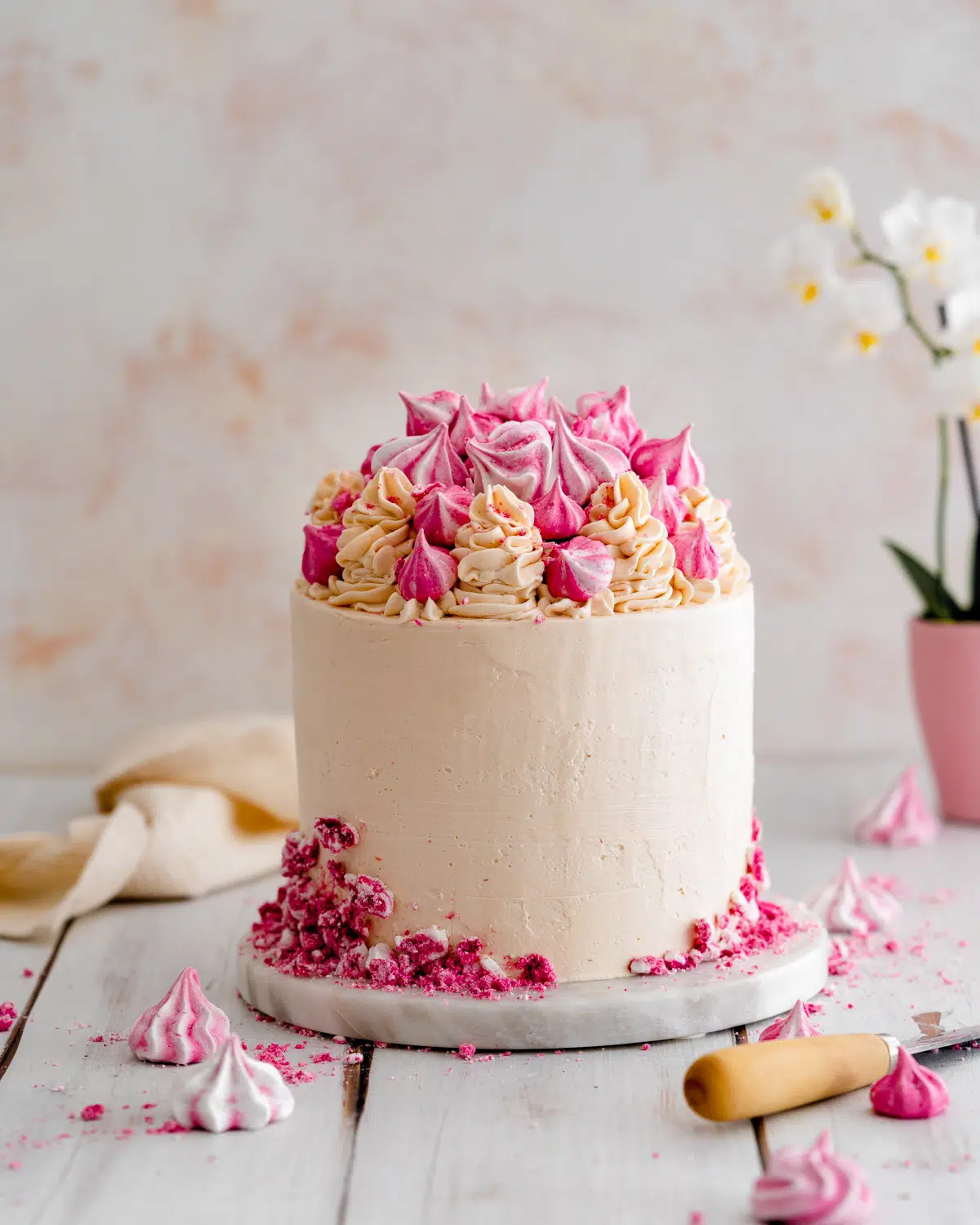 vegan champagne cake with meringue kisses.