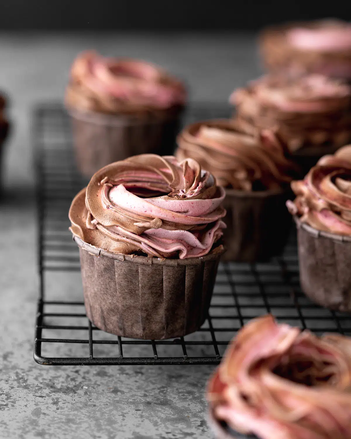 vegan chocolate cupcakes with blackberry buttercream.