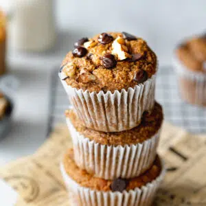 stack of chocolate chip banana muffins.