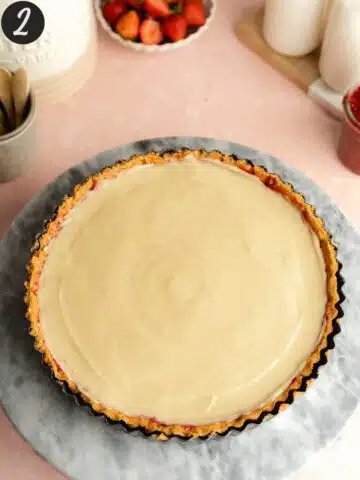 vegan shortcrust pastry filled with dairy-free pastry cream before being topped with berries.