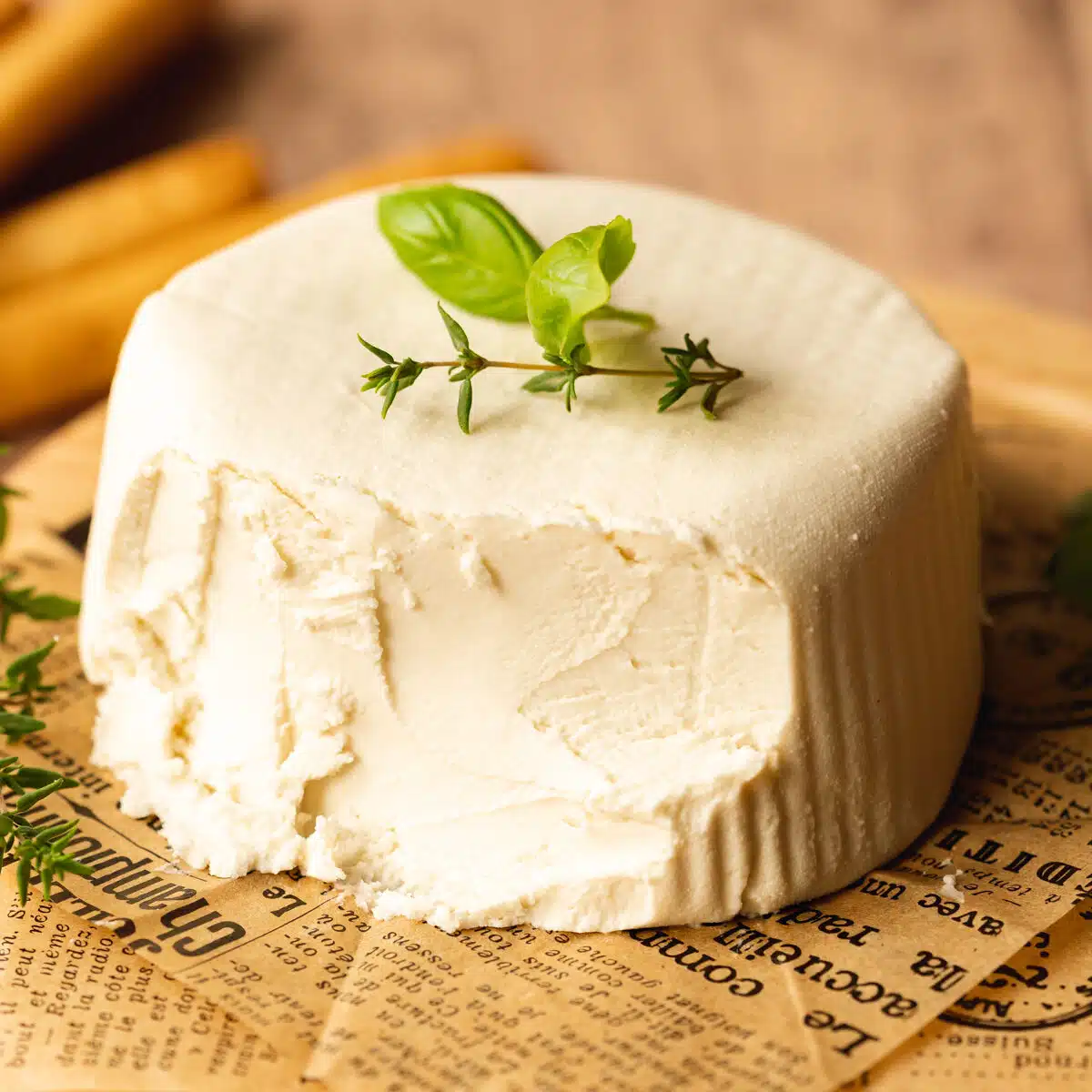 molded cream cheese with herbs on top of a wooden board with parchment paper.