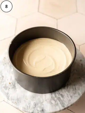 Cheesecake filling carefully poured over the cinnamon sugar mixture so as not to disturb the cinnamon sugar.