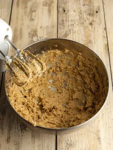 vegan butter and brown sugar creamed in a large bowl with an electric mixer.