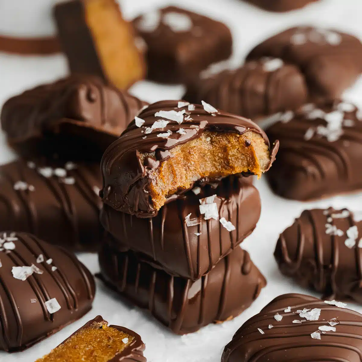 a stack of date caramels with sea salt scattered on top.